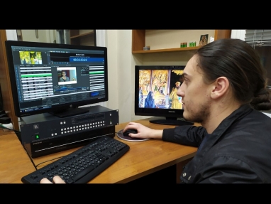 Playout desk at Plovdiv Orthodox TV showing PlayBox Neo graphic interface